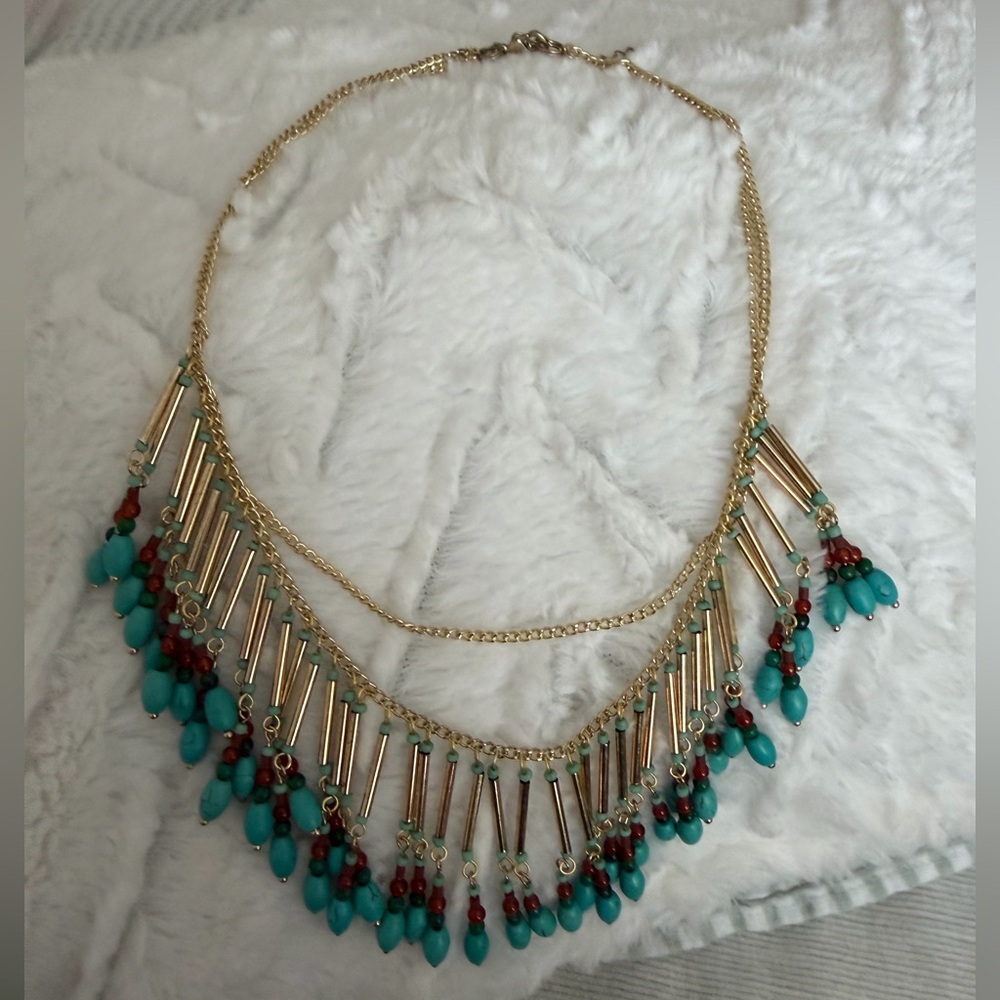 Nakamol Bead Necklace Turquoise Gold Multi Layer Statement Necklace Boho - Picture 1 of 5
